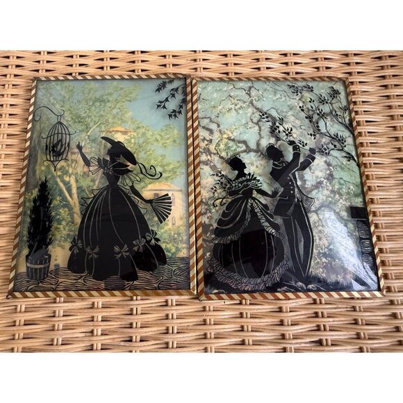 Vintage 40's Pair Reverse Painted Silhouette Pictures Convex Trees Convex Glass - Picture 3 of 11